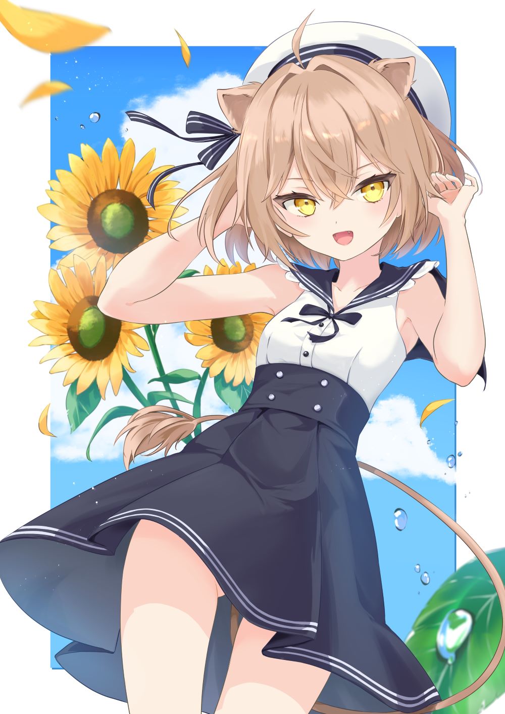 1girl, ado_(utaite), animal_ears, beret, blue_sky, brown_hair, cloud, cloudy_sky, day, dress, flower, hair_between_eyes, hat, highres, himawari_(ado), lion_ears, lion_girl, medium_hair, omo_omochi_zzz, open_mouth, rurudo_lion, school_uniform, serafuku, sky, smile, solo, standing, sunflower, virtual_youtuber, water_drop, white_hat, yellow_eyes