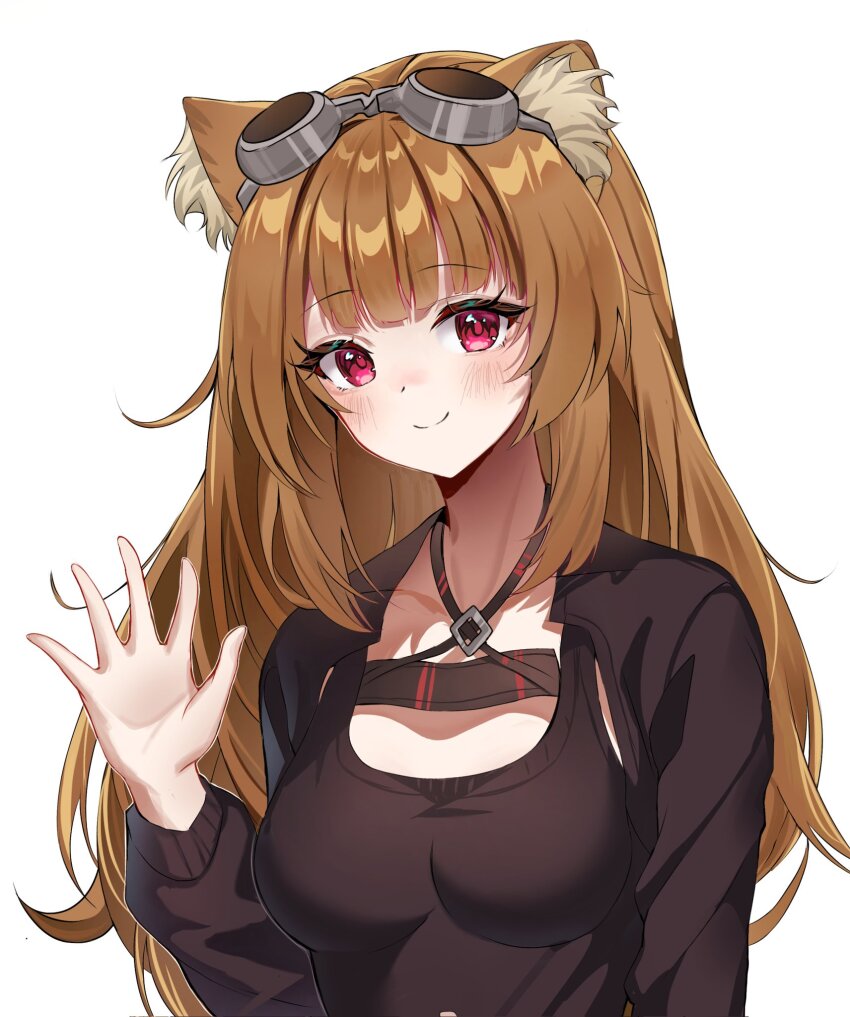 1girl, animal_ear_fluff, animal_ears, blunt_bangs, blush, breasts, brown_goggles, brown_hair, brown_shrug, brown_tank_top, closed_mouth, commentary, commission, devl_ga_aru, english_commentary, goggles, goggles_on_head, hand_up, highres, impossible_tank_top, long_hair, long_sleeves, looking_at_viewer, medium_breasts, outline, raccoon_ears, raccoon_girl, raphtalia, red_eyes, shrug_(clothing), simple_background, smile, solo, tank_top, tate_no_yuusha_no_nariagari, upper_body, waving, white_background, white_outline