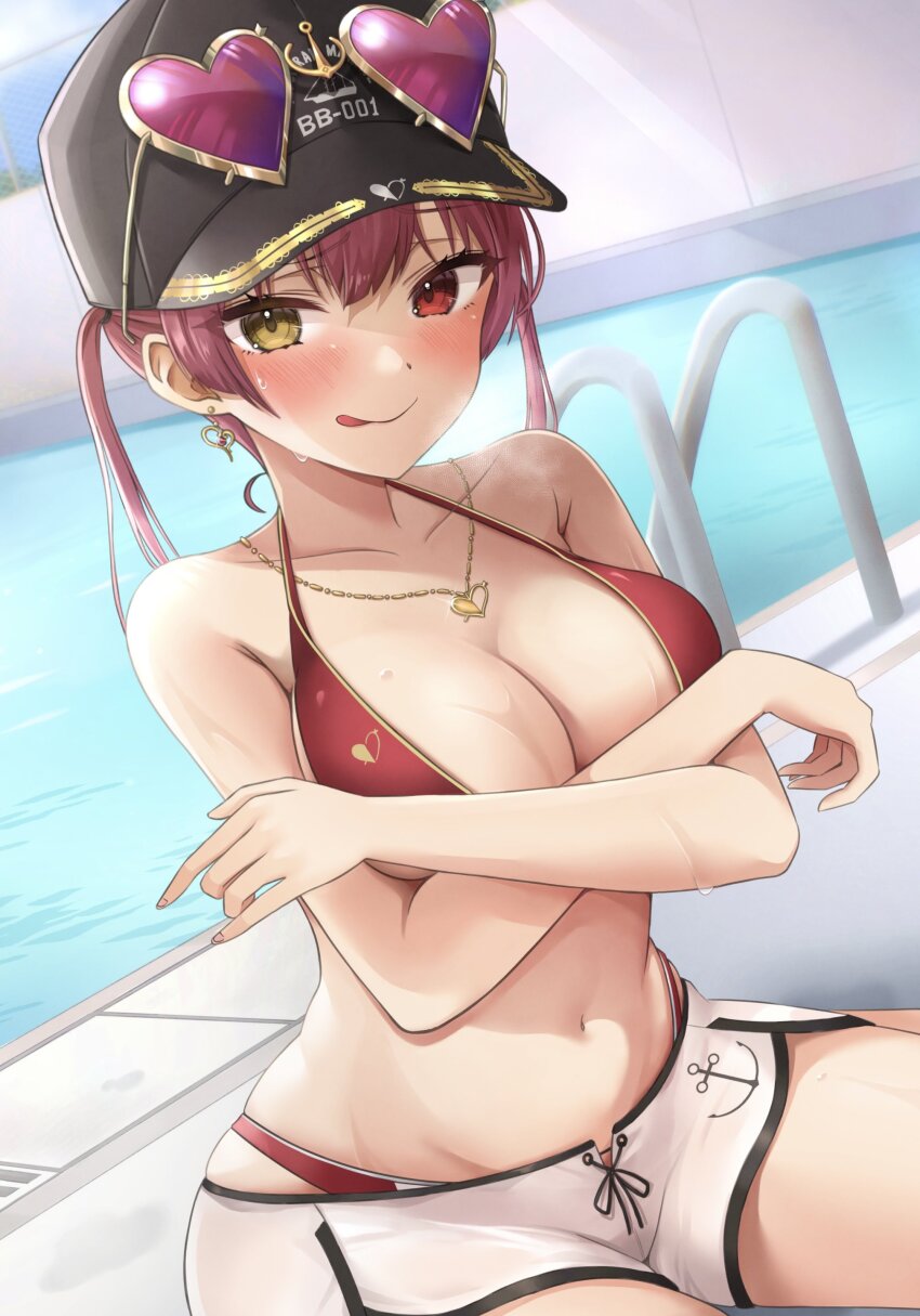 absurdres, baseball_cap, bikini, black_hat, blurry, blurry_background, blush, breasts