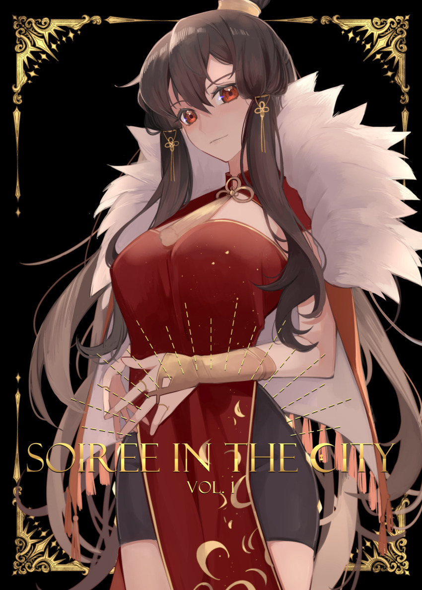 1girl, black_background, bridal_gauntlets, capelet, chinese_clothes, closed_mouth, coat, coat_on_shoulders