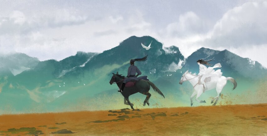 2boys, bird, black_footwear, boots, bridle, chinese_clothes, cloud, hair_ribbon
