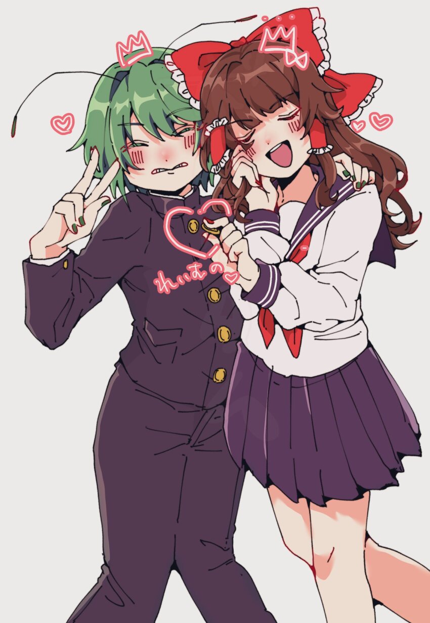 2girls, alternate_costume, androgynous, black_jacket, black_pants, blush, bobotatamu, bow