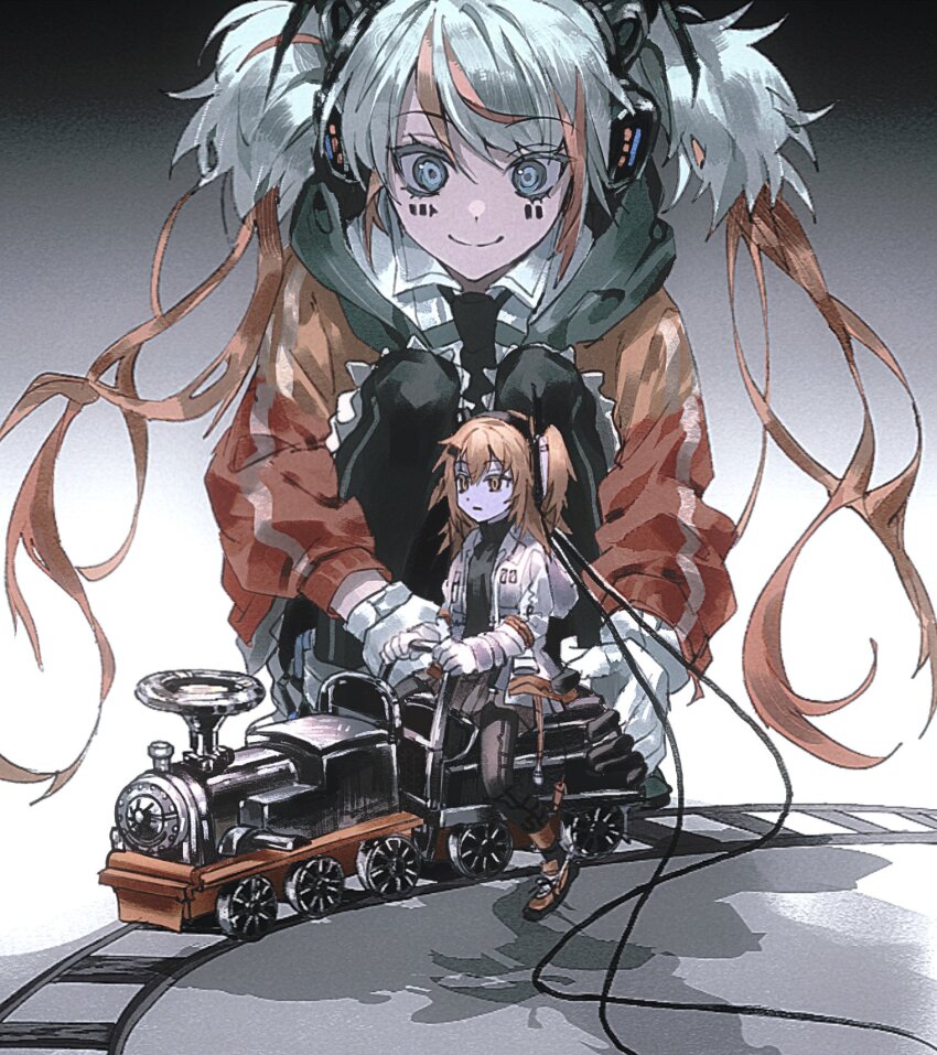 2girls, a.i._voice, adachi_rei, black_leggings, computer_chip, denka_shaa, headlamp, headset