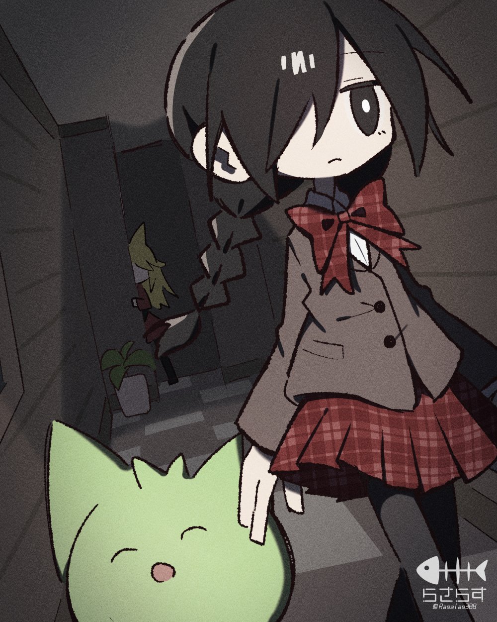 2girls, animal, artist_logo, black_eyes, black_hair, black_pantyhose, bow, bowtie