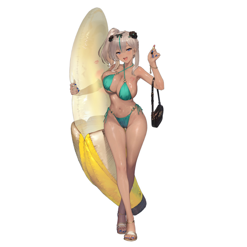 1girl, armpits, bag, banana_boat, bikini, black_flower, breast_press, breasts, brown_dust_(series), brown_dust_2, cosmetics, crossed_legs, dark-skinned_female, dark_skin, elbow_carry, eyebrows_hidden_by_hair, flower, full_body, green_bikini, grey_hair, groin, hair_between_eyes, hair_flower, hair_ornament, handbag, high_heel_sandals, high_heels, highleg, highleg_bikini, highres, holding, holding_bag, holding_lipstick_tube, inflatable_raft, large_breasts, lipstick, lipstick_mark, lipstick_tube, lipstick_writing, long_bangs, looking_at_viewer, makeup, medium_hair, multicolored_hair, nail_polish, navel, nebris_(brown_dust), nebris_(laid-back_lifeguard)_(brown_dust), o-ring, o-ring_bikini, official_art, open_mouth, open_shoes, sandals, second-party_source, shiny_skin, smile, solo, spotlight, stomach, streaked_hair, swimsuit, thigh_gap, toenail_polish, toenails, toes