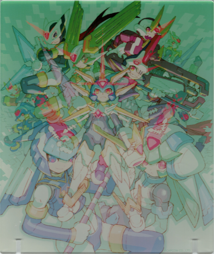 3girls, 6+boys, absurdres, aeolus_(mega_man), arm_cannon, armor, atlas_(mega_man), blue_armor, blue_eyes, blue_helmet, copy_x_(mega_man), crotch_plate, dual_wielding, energy_blade, energy_sword, fairy_leviathan_(mega_man), feathers, fighting_fefnir_(mega_man), fins, forehead_jewel, fuuma_shuriken, glowing, green_armor, green_eyes, green_hair, green_helmet, head_fins, helmet, hidden_phantom_(mega_man), highres, holding, holding_cannon, holding_polearm, holding_scythe, holding_staff, holding_weapon, in-franchise_crossover, kuji-in, long_hair, mechanical_wings, mega_man_(series), mega_man_zero_(series), mega_man_zx, mega_man_zx_advent, model_f_(mega_man), model_h_(mega_man), model_l_(mega_man), model_p_(mega_man), model_w_(mega_man), multiple_boys, multiple_girls, nakayama_tooru, ninja, non-web_source, official_art, orange_armor, orange_helmet, pandora_(mega_man), polearm, power_armor, prometheus_(mega_man), purple_armor, purple_eyes, purple_helmet, red_armor, red_eyes, red_helmet, red_scarf, sage_harpuia_(mega_man), scan, scarf, scythe, shuriken, siarnaq_(mega_man), skull-shaped_hat, smile, smirk, spear, staff, sword, thetis_(mega_man), weapon, white_armor, white_feathers, white_helmet, winged_helmet, wings