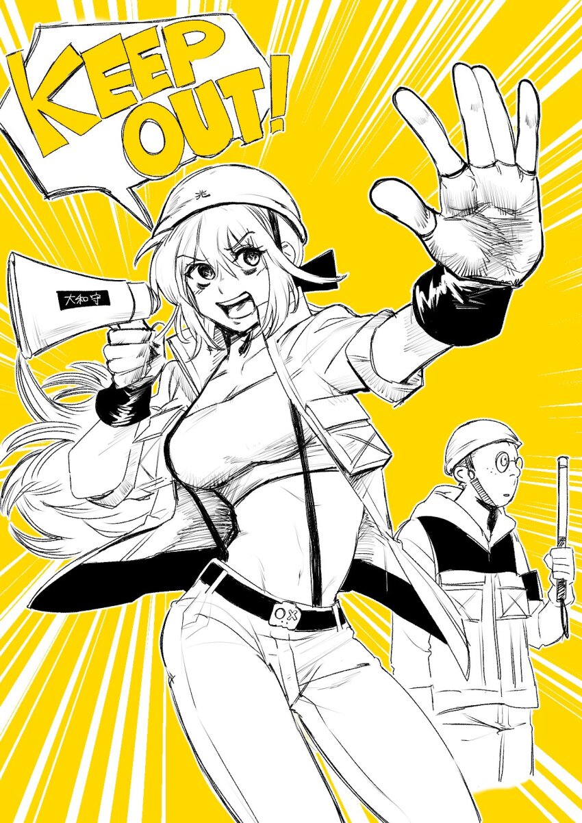 1boy, 1girl, belt, breasts, choujin_x, clothing_cutout, dotkd0, english_text