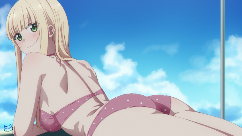 1girl, artist_logo, ass, bikini, blonde_hair, blue_sky, cloud, commentary