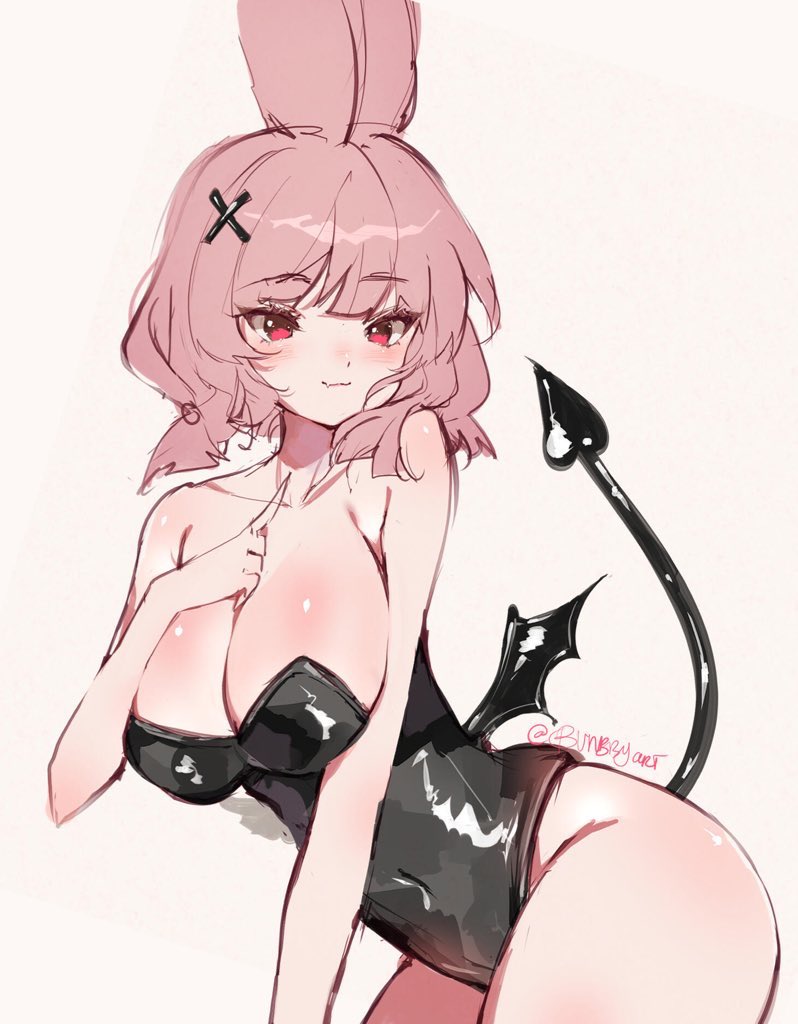 1girl, animal_ears, blush, breasts, bunbbyart, collarbone, demon_tail, fang