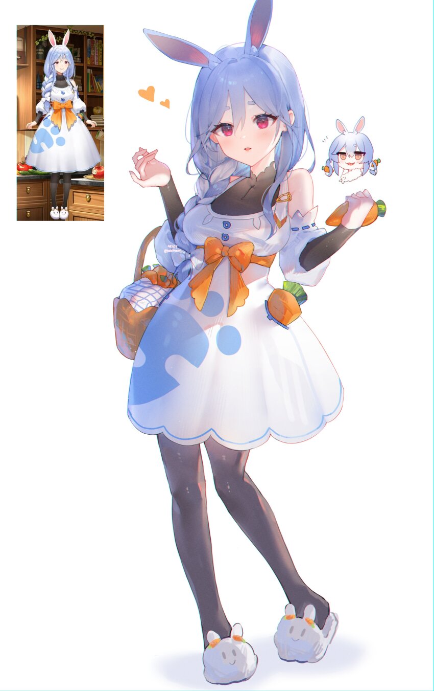 2girls, absurdres, animal_ears, animal_slippers, basket, black_bodysuit, bodysuit, bunny_slippers, carrot, chibi, chibi_inset, detached_sleeves, dress, elbow_carry, full_body, highres, holding, holding_basket, hololive, looking_at_viewer, mature_female, mother_and_child, mother_and_daughter, multiple_girls, nekomeen, parent_and_child, pekomama, rabbit_ears, rabbit_girl, reference_inset, short_eyebrows, simple_background, slippers, tachi-e, twitter_username, usada_pekora, virtual_youtuber, white_background, white_dress, white_sleeves