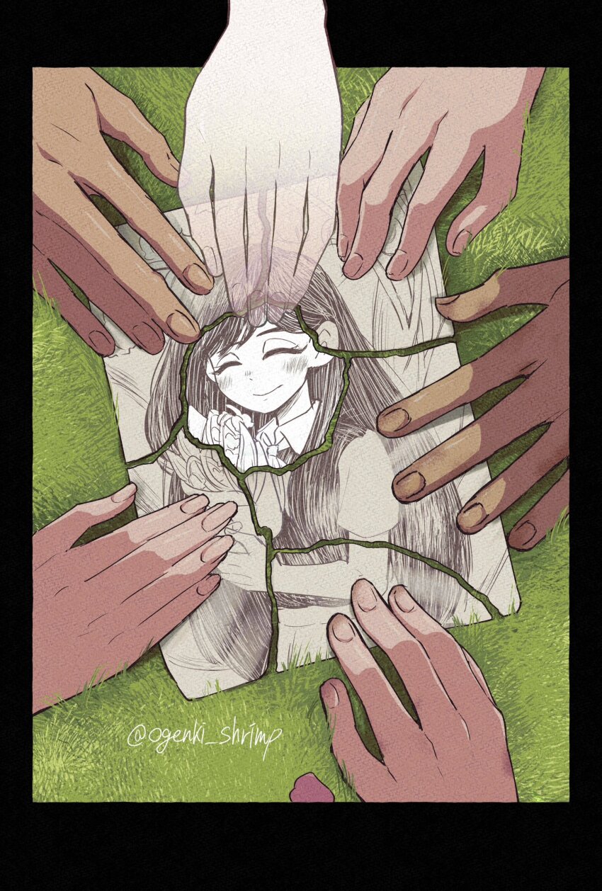2girls, 4boys, artist_name, aubrey_(faraway)_(omori), aubrey_(omori), basil_(faraway)_(omori), basil_(omori), dark-skinned_male, dark_skin, day, disembodied_hand, ghost, grass, hero_(faraway)_(omori), hero_(omori), highres, kel_(faraway)_(omori), kel_(omori), mari_(faraway)_(omori), mari_(omori), multiple_boys, multiple_girls, ogenki_shrimp, omori, outdoors, sunny_(omori), torn_paper, twitter_username