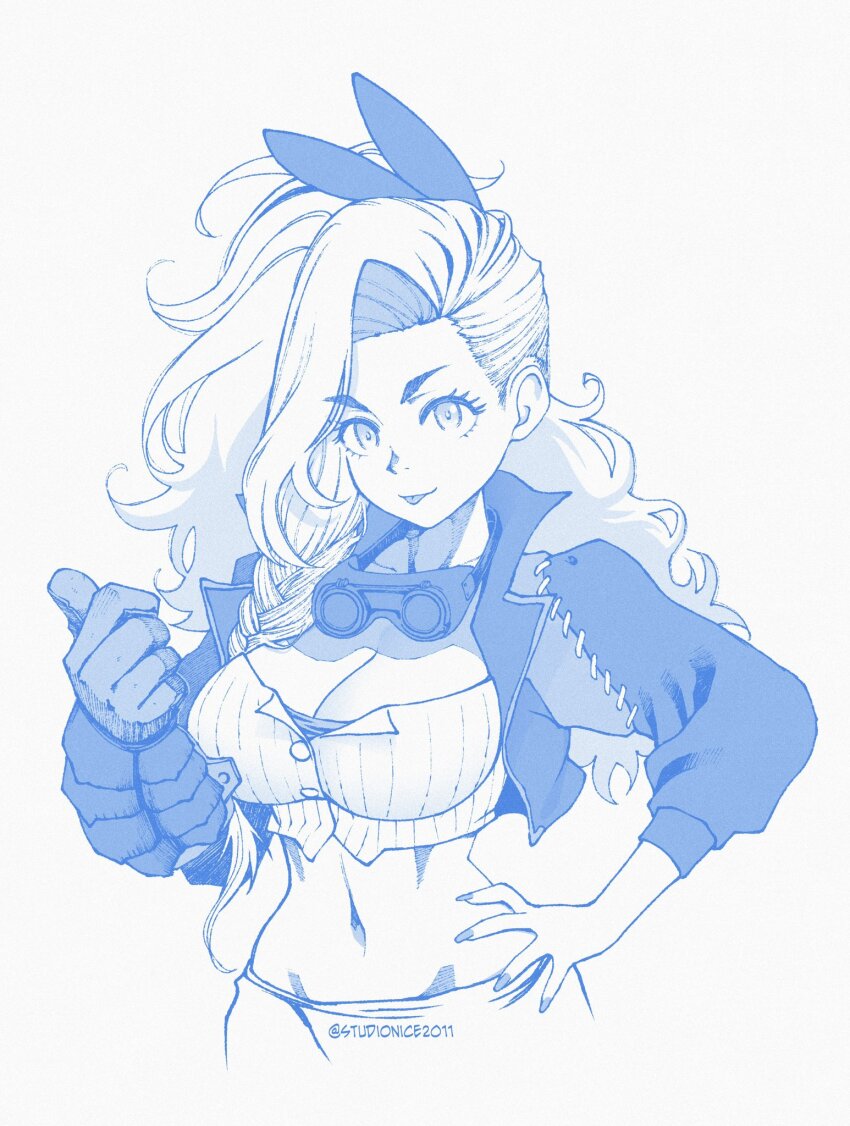 1girl, 2024, arm_guards, arms_up, artist_name, asymmetrical_gloves, asymmetrical_hair, braid, breasts, buckle, capcom, cleavage, clenched_hand, collarbone, commentary, cowboy_shot, cropped_jacket, curvy, english_commentary, female_focus, gemma_(monster_hunter_wilds), gloves, goggles, goggles_around_neck, groin, hair_ornament, hair_scrunchie, hand_on_own_hip, highres, jacket, lapels, large_breasts, leather, leather_jacket, lips, long_hair, long_sleeves, looking_at_viewer, messy_hair, midriff, monochrome, monster_hunter_(series), monster_hunter_wilds, nail_polish, navel, notched_lapels, open_clothes, open_jacket, red_lips, scrunchie, shiny_skin, simple_background, smile, solo, standing, studionice2011, thumbs_up, tongue, tongue_out, underwear, very_long_hair, white_background