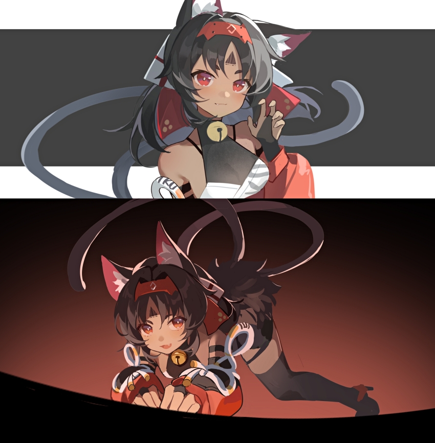 1girl, absurdres, animal_ears, barcode, bell, black_bridal_gauntlets, black_hair, black_tail, black_thighhighs, bow, bridal_gauntlets, cat_ears, cat_girl, cat_tail, chinese_commentary, closed_mouth, commentary_request, detached_sleeves, fang, fengtu_ad, forehead_tattoo, hair_bow, hairband, halterneck, highres, imminent_pounce, medium_hair, multiple_tails, neck_bell, nekomiya_mana, parted_bangs, paw_pose, red_bow, red_eyes, red_hairband, red_pupils, red_sleeves, sidelocks, skin_fang, solo, tail, tattoo, thighhighs, two_tails, white_bow, zenless_zone_zero