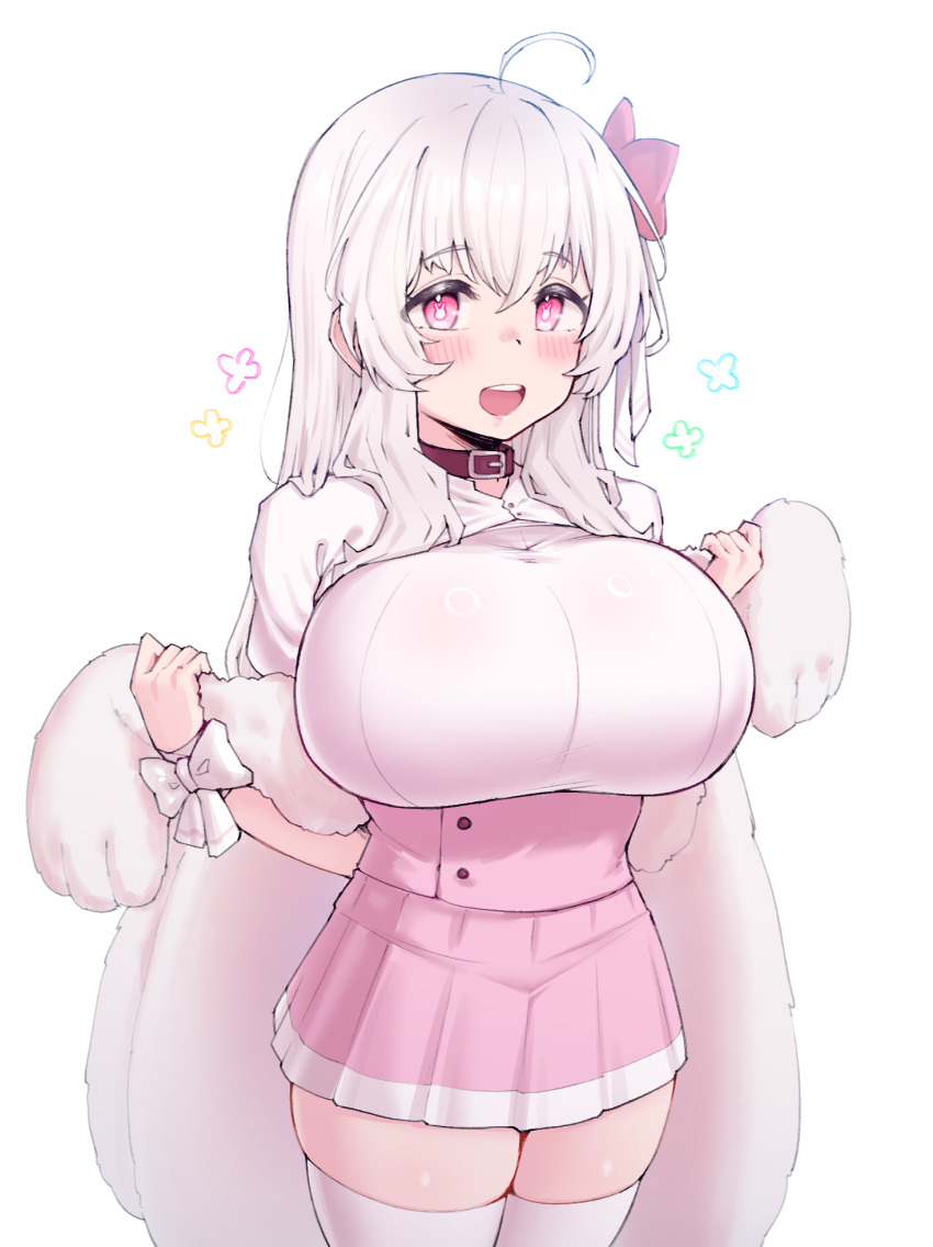 1girl, ahoge, belt_collar, blush, breasts, cloak, collar, commission