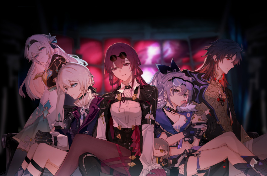 2boys, 3girls, absurdres, arm_rest, bandaged_leg, bandages, black_bow, black_choker