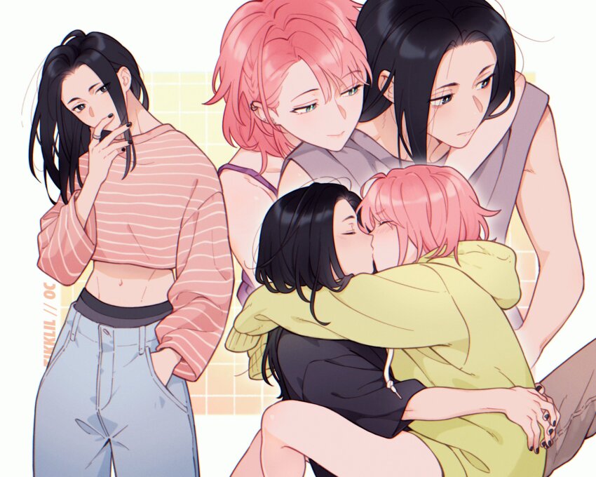 2girls, arms_around_neck, black_eyes, black_hair, black_nails, closed_eyes, closed_mouth, commentary