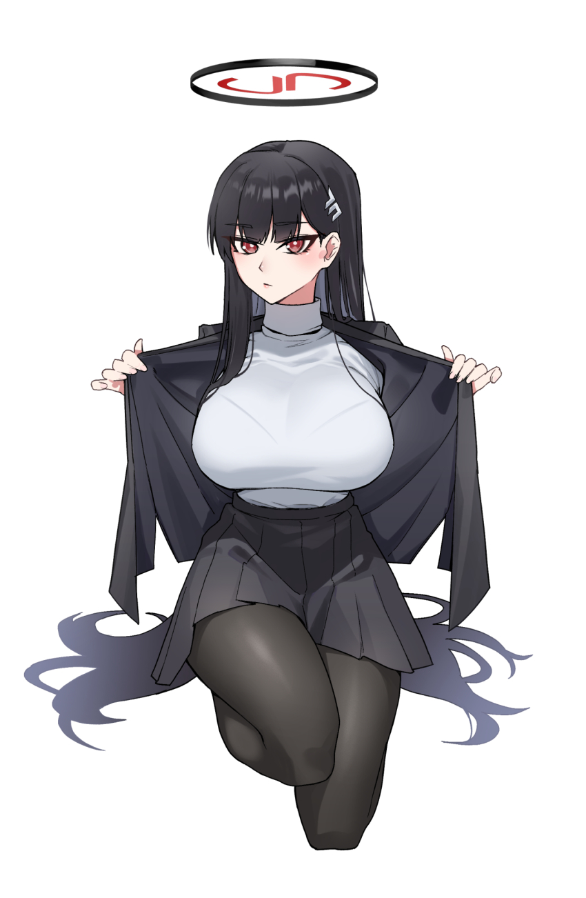 1girl, black_hair, black_pantyhose, blazer, blue_archive, blush, bralines, breasts