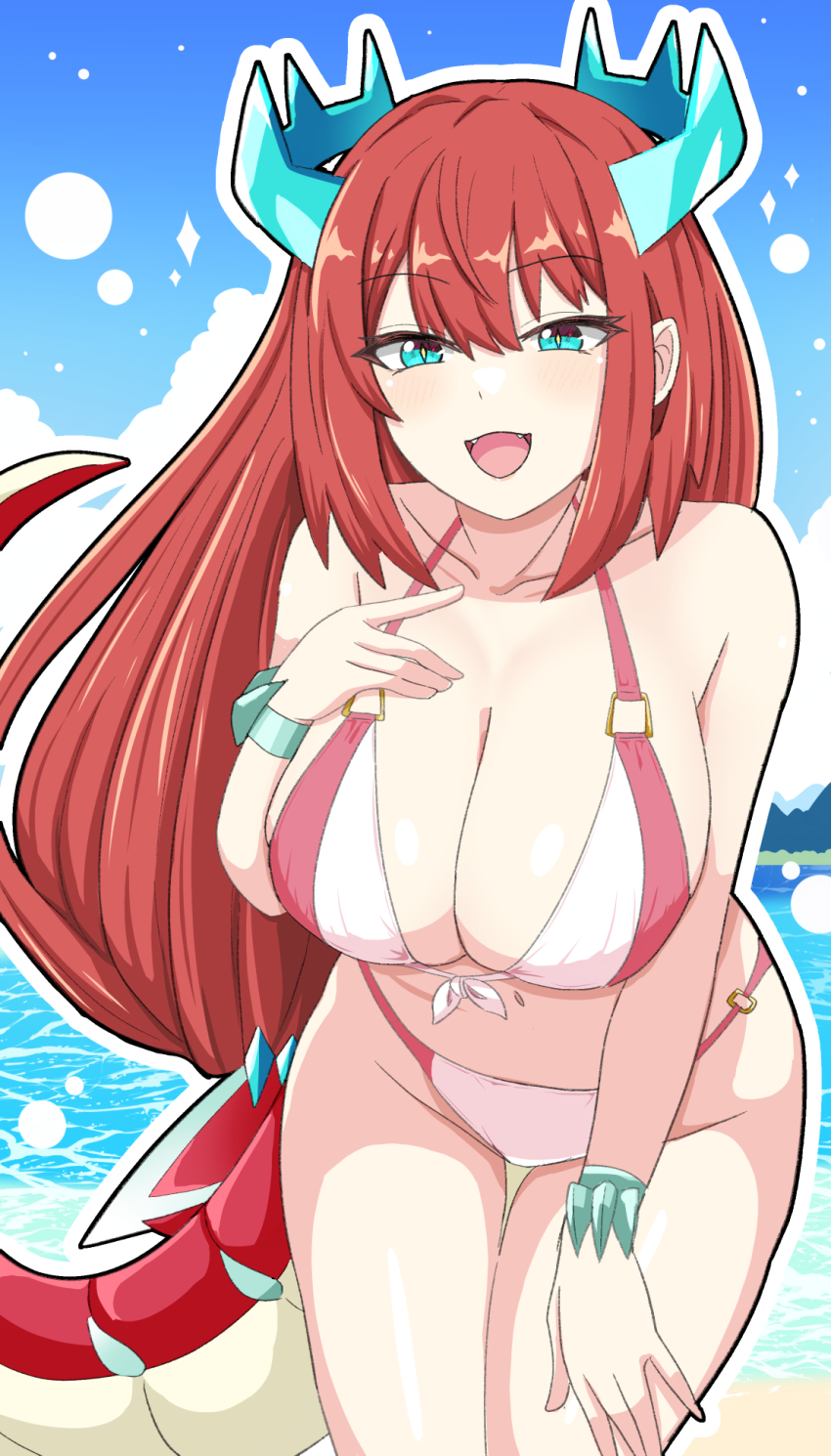 1girl, alternate_costume, beach, bikini, blue_eyes, breasts, cleavage, commission