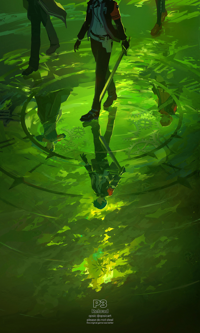 1girl, 2boys, absurdres, analog_clock, armband, baseball_cap, black_footwear, black_gloves, black_hair, black_jacket, black_pants, black_skirt, black_socks, blue_hair, bow, bowtie, brown_footwear, brown_hair, cardigan, clock, clothes_around_waist, cloud, cloudy_sky, collared_shirt, commentary_request, dark_blue_hair, digital_walkman, earphones, evoker, gears, gekkoukan_high_school_uniform, gloves, green_cloud, green_sky, green_theme, hat, highres, holding, holding_sword, holding_weapon, holster, iori_junpei, jacket, jacket_around_waist, mp3_player, multiple_boys, night, open_clothes, open_jacket, outdoors, pants, persona, persona_3, persona_3_reload, pink_cardigan, qosic, quiver, red_armband, red_bow, red_bowtie, reflection, reflection_focus, reflective_liquid, roman_numeral, s.e.e.s, school_uniform, shirt, skirt, sky, socks, sword, takeba_yukari, thanatos_(persona), tower, twitter_username, walking, walking_on_liquid, walkman_nw-s203f, water, weapon, white_shirt, yuuki_makoto_(persona_3)