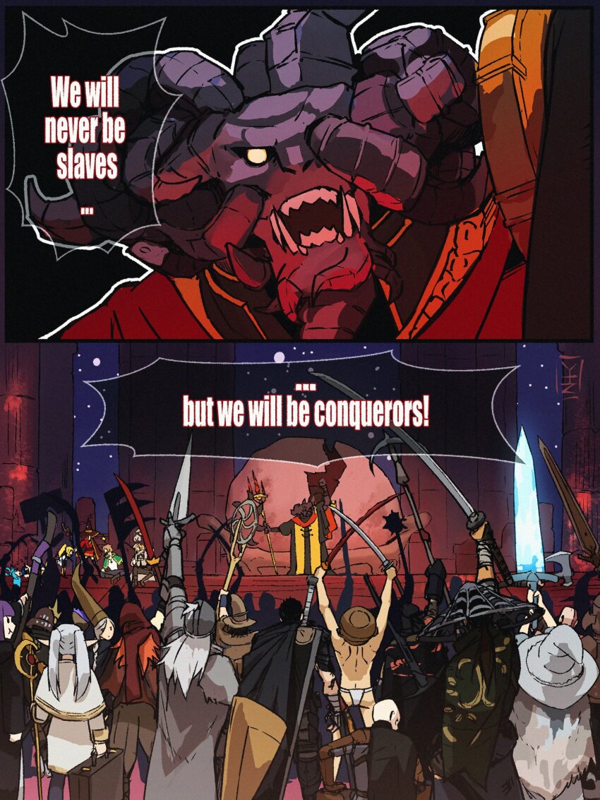 absurdres, aqua_(konosuba), aqua_hair, ass, berserk, blonde_hair, bloody_wolf_(elden_ring), cape, capelet, cosplay, covered_eyes, crossover, darkness_(konosuba), earrings, egg, elden_ring, elden_ring:_shadow_of_the_erdtree, elf, english_text, fern_(sousou_no_frieren), floating_earrings, frieren, fromsoftware, god_of_war, guts_(berserk), hat, helmet, helmet_over_eyes, highres, holding, holding_staff, horns, jewelry, kono_subarashii_sekai_ni_shukufuku_wo!, kratos_(god_of_war), let_me_solo_her, mage_staff, megumin, mohg_lord_of_blood, monster, moonlight_greatsword, mushoku_tensei, parted_bangs, pointy_ears, pot_on_head, prosthesis, prosthetic_leg, ranni_the_witch, ranni_the_witch_(cosplay), rudeus_greyrat, satou_kazuma, smile, sousou_no_frieren, staff, tarnished_(elden_ring), twintails, white_capelet, witch, yakutzan