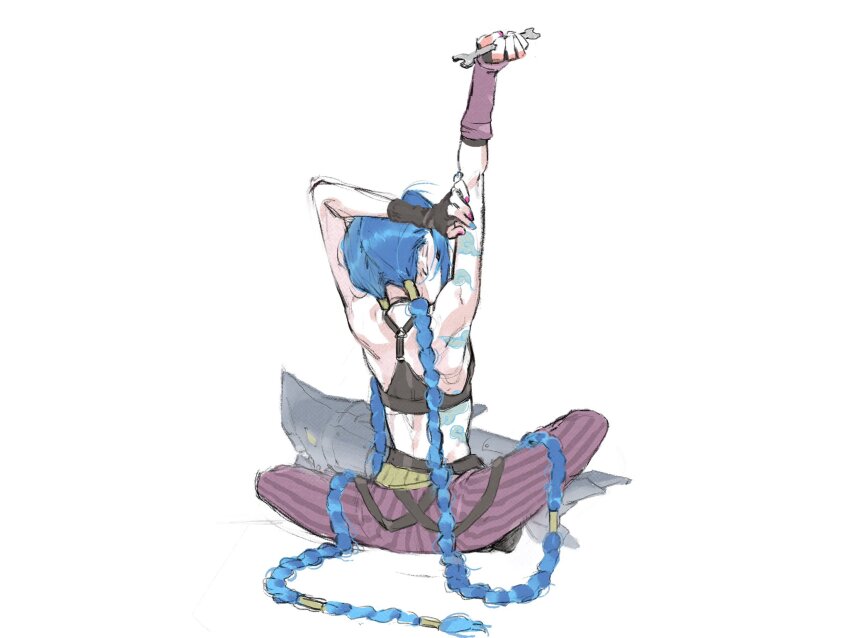 1girl, arcane:_league_of_legends, arcane_jinx, arm_tattoo, asymmetrical_bangs, back, braid, brown_choker