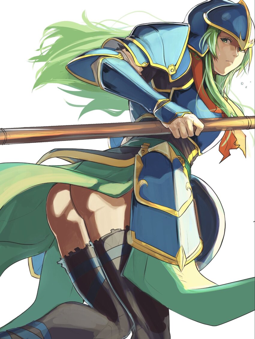 1girl, armor, ass, blue_armor, breastplate, fire_emblem, fire_emblem:_path_of_radiance, green_eyes
