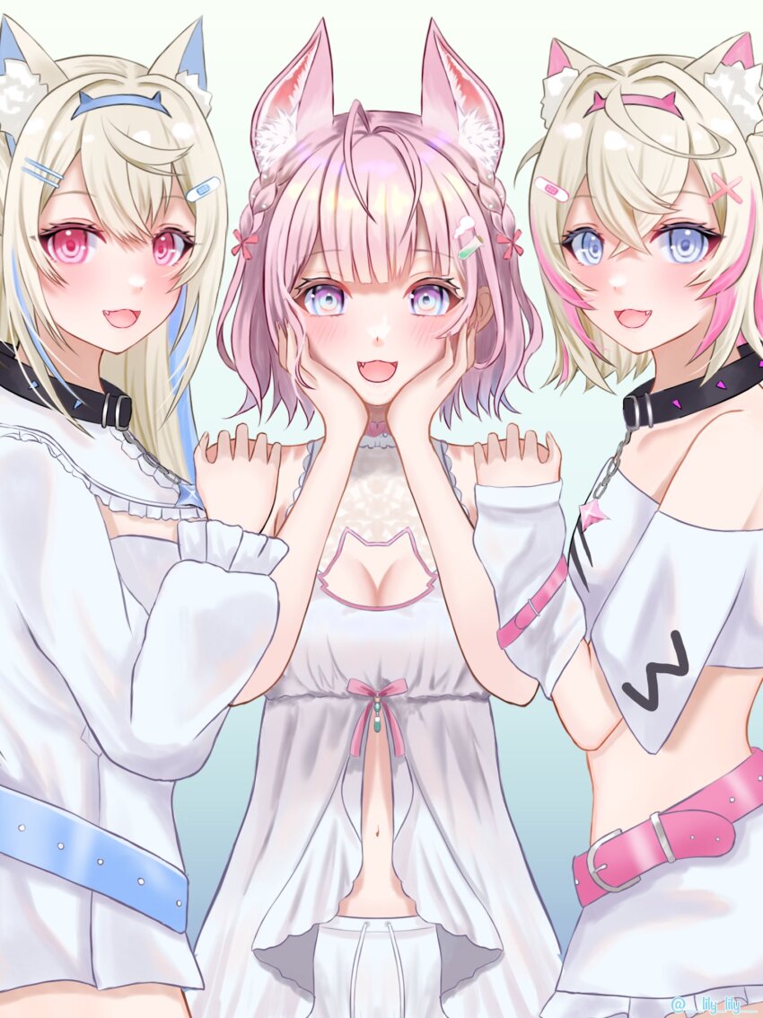 3girls, animal_ear_fluff, animal_ears, bandaid, bandaid_hair_ornament, belt, belt_collar, black_collar, blonde_hair, blue_belt, blue_eyes, blue_hair, blush, breasts, collar, cropped_shirt, dress, fuwawa_abyssgard, fuwawa_abyssgard_(1st_costume), hair_ornament, hairpin, highres, hololive, hololive_english, large_breasts, lily_lily, long_hair, looking_at_viewer, mococo_abyssgard, mococo_abyssgard_(1st_costume), multicolored_hair, multiple_girls, official_alternate_costume, open_mouth, pink_belt, pink_eyes, pink_hair, purple_eyes, shirt, short_hair, shorts, siblings, sisters, small_breasts, smile, spiked_collar, spikes, streaked_hair, twins, virtual_youtuber, white_dress, white_shirt, white_shorts, wolf_cutout, wolf_ears, wolf_girl, x_hair_ornament