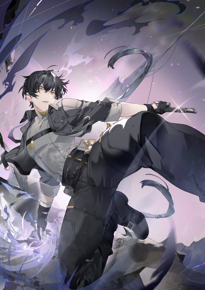 1boy, absurdres, belt, black_boots, black_gloves, black_hair, black_jacket, black_pants