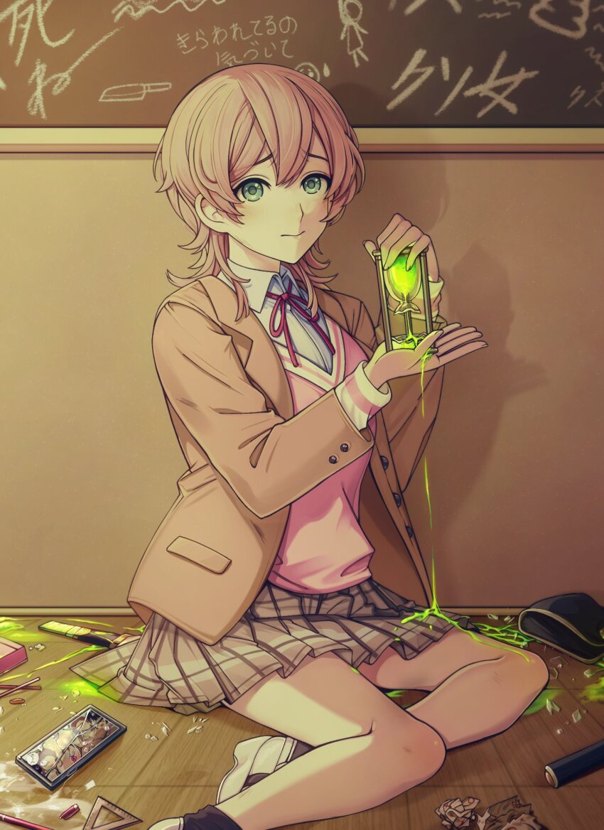 1girl, blazer, blonde_hair, boxcutter, broken_hourglass, chopsticks, cracked_phone, crumpled_paper, double-parted_bangs, dress_shirt, glass_shards, green_eyes, green_liquid, highres, holding_hourglass, hourglass, jacket, knife, kusunoki_muu, long_sleeves, looking_at_viewer, medium_hair, milgram, neck_ribbon, on_floor, open_clothes, open_jacket, pink_shirt, ribbon, rlf_00, school_uniform, shirt, solo, white_shirt, wolf_cut, worried