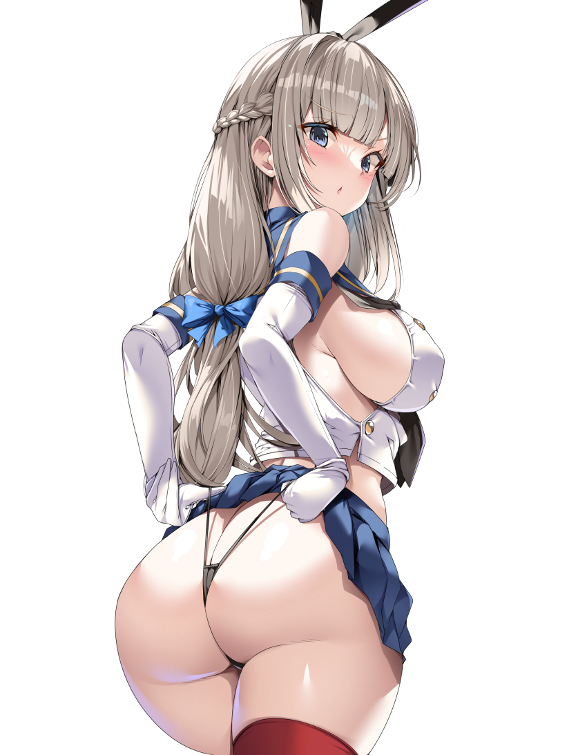 1girl, :o, absurdres, animal_ears, ass, black_panties, blue_eyes, blue_sailor_collar, blue_skirt, blunt_bangs, braid, breasts, butt_crack, commentary_request, cosplay, elbow_gloves, gloves, grey_hair, hair_ribbon, highleg, highleg_panties, highres, kantai_collection, large_breasts, long_hair, looking_at_viewer, maryland_(kancolle), open_mouth, panties, panty_pull, pleated_skirt, rabbit_ears, ribbon, sailor_collar, shimakaze_(kancolle), shimakaze_(kancolle)_(cosplay), shirt, sideboob, simple_background, skirt, solo, standing, striped_clothes, striped_thighhighs, thighhighs, thighs, thong, torisan, underwear, wedgie, white_background, white_shirt