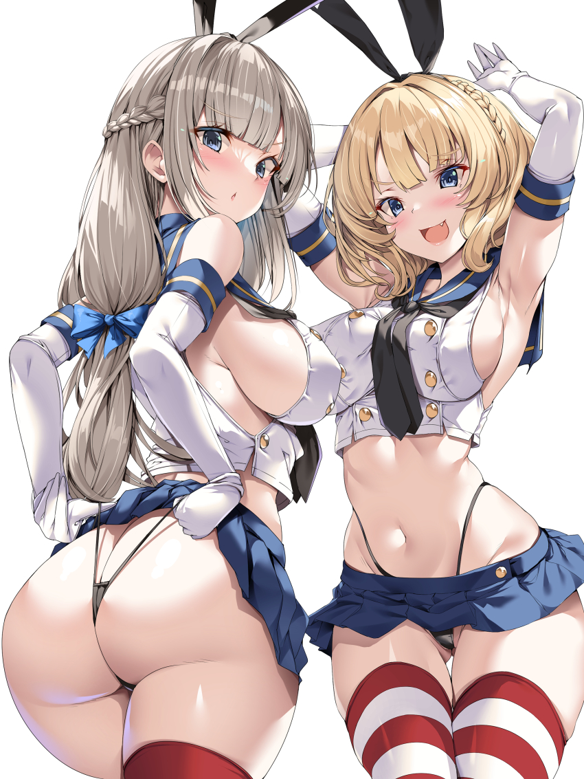 2girls, :d, :o, absurdres, animal_ears, armpits, arms_up, ass, black_panties, blonde_hair, blue_eyes, blue_sailor_collar, blue_skirt, blunt_bangs, braid, breasts, butt_crack, colorado_(kancolle), commentary_request, cosplay, elbow_gloves, fang, gloves, gluteal_fold, grey_hair, hair_ribbon, highleg, highleg_panties, highres, kantai_collection, large_breasts, long_hair, looking_at_viewer, maryland_(kancolle), medium_breasts, medium_hair, multiple_girls, navel, open_mouth, panties, panty_pull, pleated_skirt, rabbit_ears, ribbon, sailor_collar, shimakaze_(kancolle), shimakaze_(kancolle)_(cosplay), shirt, sideboob, simple_background, skirt, smile, standing, striped_clothes, striped_thighhighs, thigh_gap, thighhighs, thighs, thong, torisan, underwear, wedgie, white_background, white_shirt