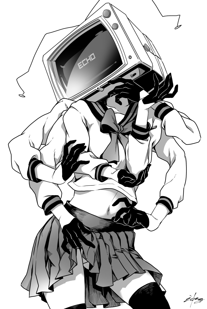 1girl, absurdres, black_gloves, black_sailor_collar, black_thighhighs, bow, clothes_lift, collarbone, commentary, copyright_name, cowboy_shot, echo_(vocaloid), english_commentary, extra_arms, facing_up, finger_to_own_chin, gloves, greyscale, half_gloves, hand_on_own_arm, hand_on_own_elbow, hands_up, highres, kanda_mijinko, long_sleeves, monochrome, navel, object_head, panties, pleated_skirt, primadonna_(echo), radio_antenna, sailor_collar, school_uniform, serafuku, shirt_bow, signature, simple_background, skirt, skirt_lift, solo, television, thighhighs, underwear, vocaloid, white_background