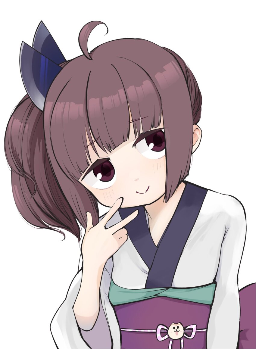 1girl, ahoge, alternate_hairstyle, blunt_bangs, brown_eyes, brown_hair, emuesukei, head_tilt