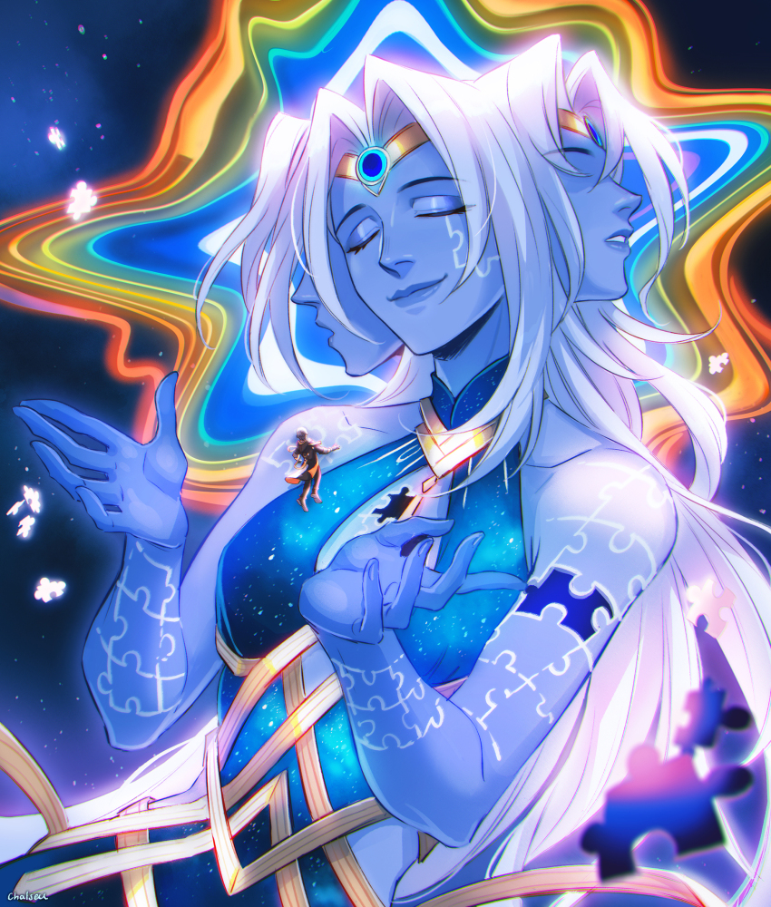 1boy, 1other, artist_name, bare_shoulders, black_coat, black_footwear, black_pants, blue_dress, blue_skin, blurry, blurry_foreground, boots, caelus_(honkai:_star_rail), chalseu, closed_eyes, closed_mouth, coat, collarbone, colored_skin, commentary, diadem, dress, english_commentary, floating, giant, giantess, gold_diadem, grey_hair, hair_intakes, hands_up, highres, honkai:_star_rail, honkai_(series), lips, long_hair, multiple_heads, open_mouth, pants, parted_bangs, parted_lips, puzzle_piece, short_hair, sidelocks, sleeveless, sleeveless_dress, smile, space, star_(sky), trailblazer_(honkai:_star_rail), upper_body, white_hair, xipe_(honkai:_star_rail)