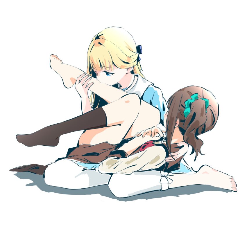 2girls, aqua_scrunchie, blonde_hair, blue_dress, blue_eyes, brown_hair, brown_skirt, dress, full_body, hand_on_another's_back, hands_on_own_chest, highres, holding_another's_leg, isumi, kissing_leg, kneehighs, knees_to_chest, lying, lying_on_person, multiple_girls, nekoyashiki_mayu, nekoyashiki_yuki, on_back, pants, precure, school_uniform, scrunchie, shirt, single_sock, skirt, socks, white_background, white_pants, wonderful_precure!, yuri