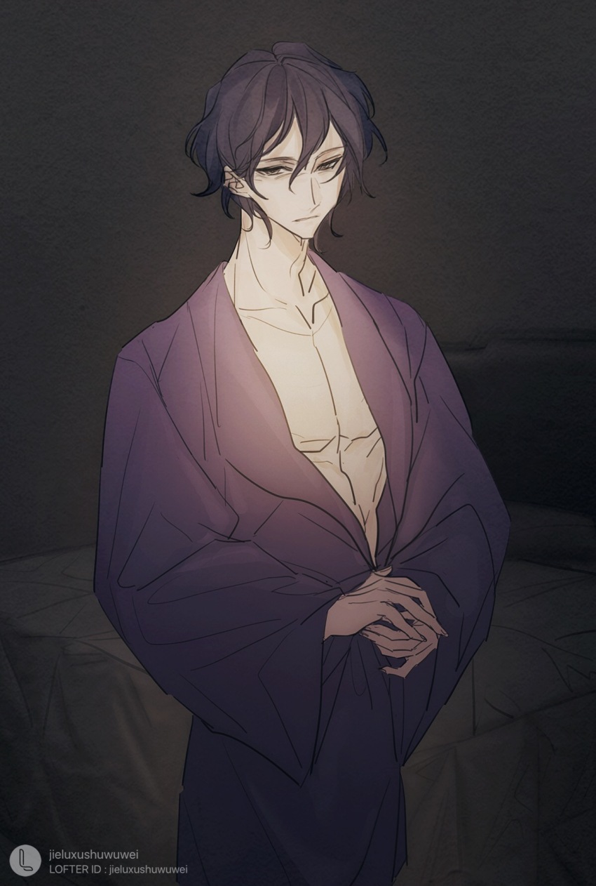 1boy, black_hair, chinese_commentary, collarbone, commentary_request, cowboy_shot, hair_between_eyes, highres