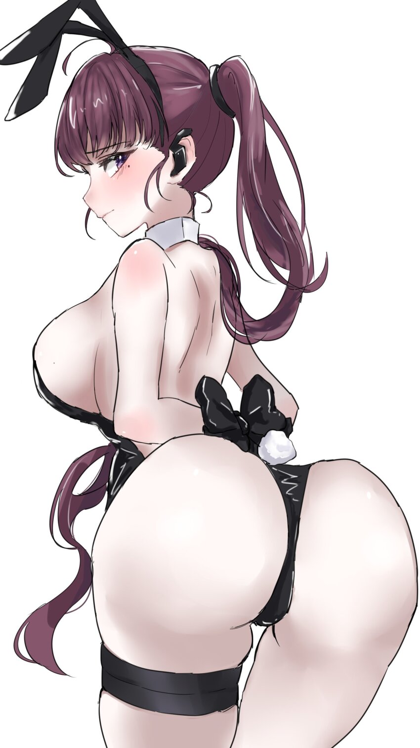 absurdres, animal_ears, arms_behind_back, ass, black_leotard, bound, bound_arms, breasts