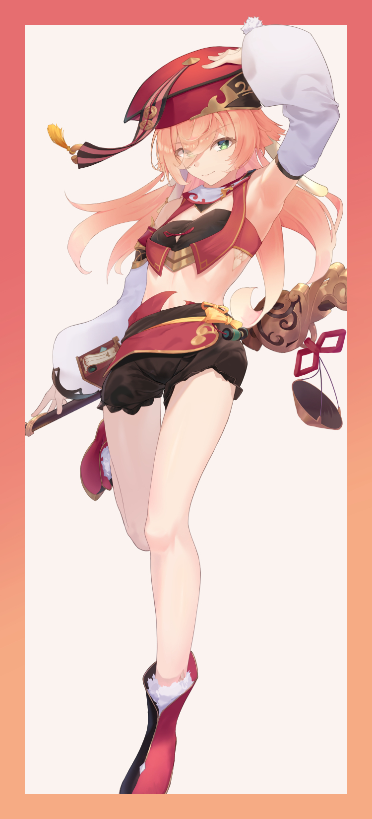 1girl, antlers, arm_up, armpits, black_bloomers, bloomers, border, breasts