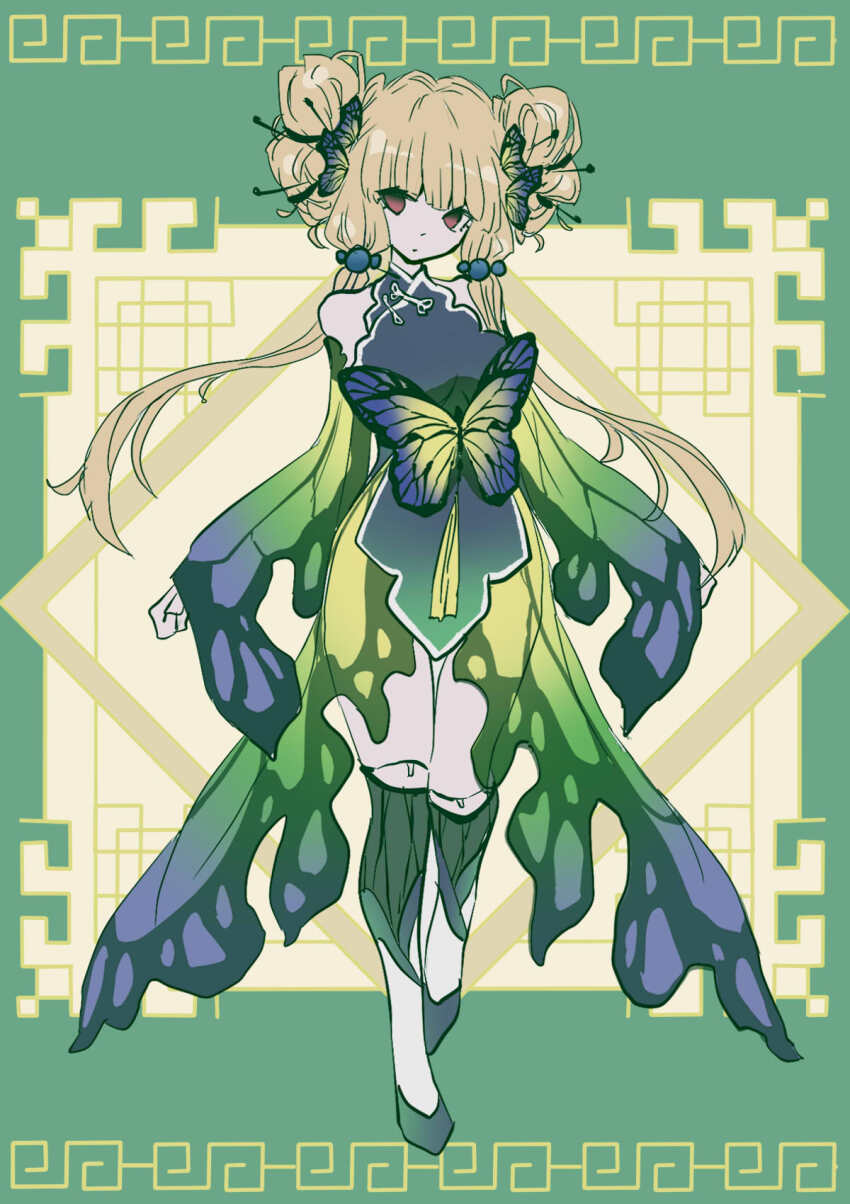 1girl, android, blonde_hair, breasts, brown_dust_(series), brown_dust_2, butterfly_hair_ornament, butterfly_ornament