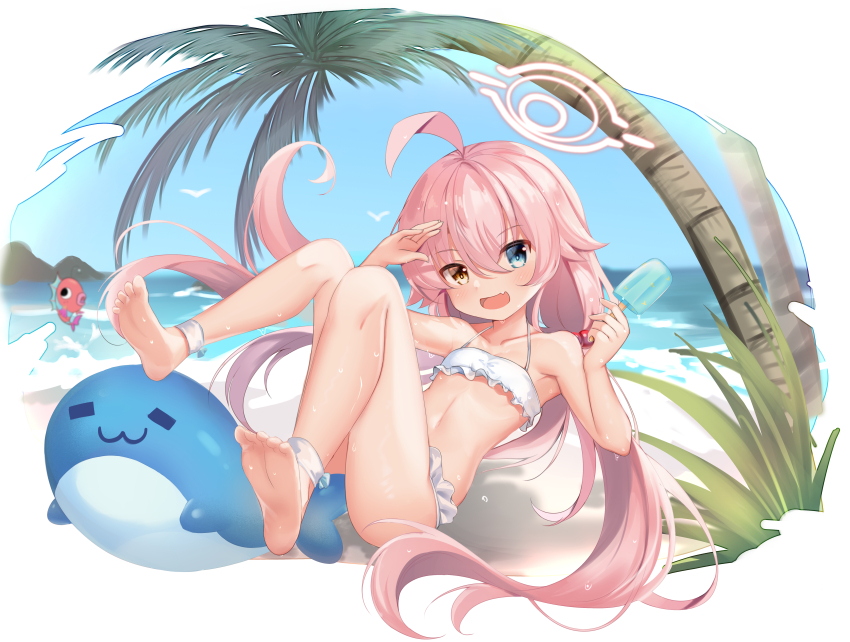 1girl, absurdres, ahoge, ankle_ribbon, arm_up, barefoot, beach, bikini