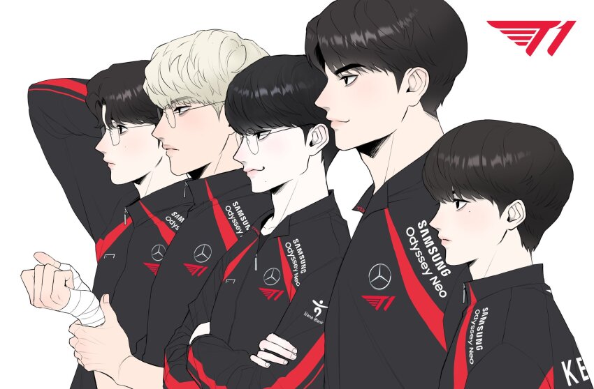 5boys, :3, arm_behind_head, arm_up, bandaged_hand, bandages, black_eyes, black_hair, black_jacket, blonde_hair, brown_hair, clenched_hand, closed_mouth, crossed_arms, dimples_of_venus, east_asian, esports, esports_apparel, faker_(person), from_side, frown, glasses, gumayusi_(gamer), hashtag-only_commentary, height_difference, hide_on_moja, high_collar, highres, holding_own_wrist, jacket, keria_(gamer), logo, looking_at_viewer, male_focus, mole, mole_under_eye, multicolored_jacket, multiple_boys, oner_(gamer), pale_skin, parted_hair, pink_lips, real_life, rectangular_eyewear, red_jacket, round_eyewear, short_hair, simple_background, smile, swept_bangs, t1_(esports), two-tone_jacket, upper_body, white_background, zeus_(gamer), zipper