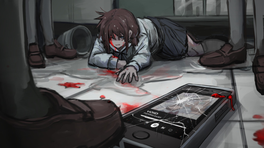 4girls, black_skirt, blood, blood_on_clothes, blood_on_face, blood_on_phone, blue_eyes, brown_hair, bucket, bullying, commentary, cracked_screen, english_commentary, girls_band_cry, highres, injury, iseri_nina, long_sleeves, low_twintails, lying, lying_on_water, medium_hair, multiple_girls, on_side, one_eye_closed, phone, pleated_skirt, puddle, sad_bocchi, shirt, short_twintails, skirt, twintails, water, white_shirt