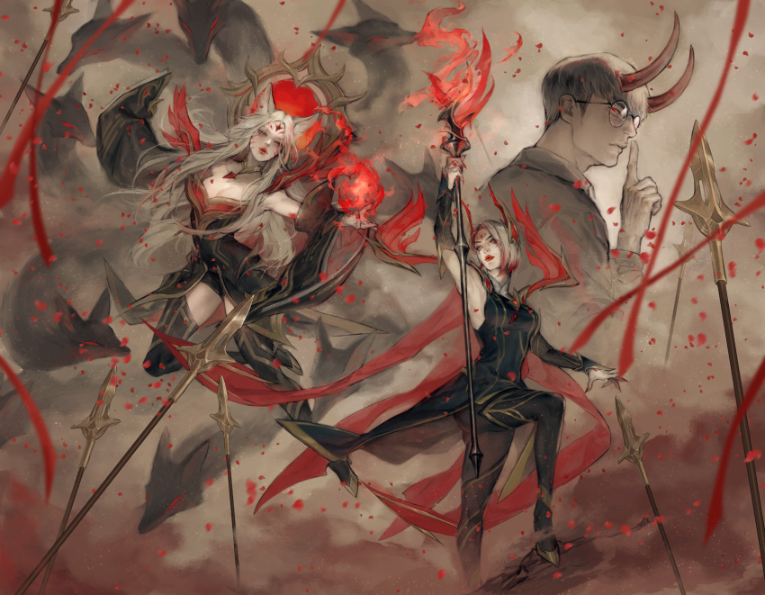 1boy, 2girls, animal_ears, battlefield, black_dress, black_hair, black_pantyhose, black_thighhighs