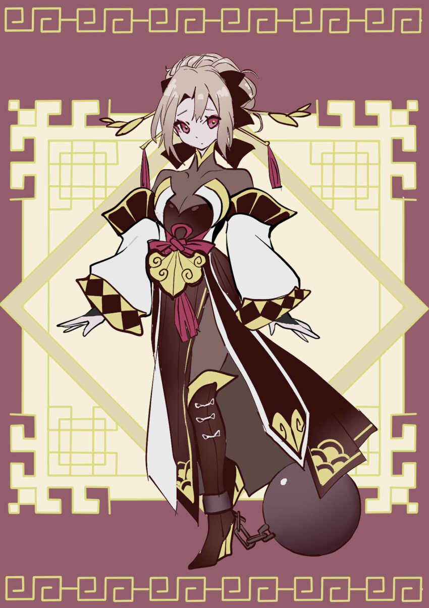 1girl, ball_and_chain_restraint, black_boots, black_dress, black_thighhighs, boots, breasts, brown_dust_(series)