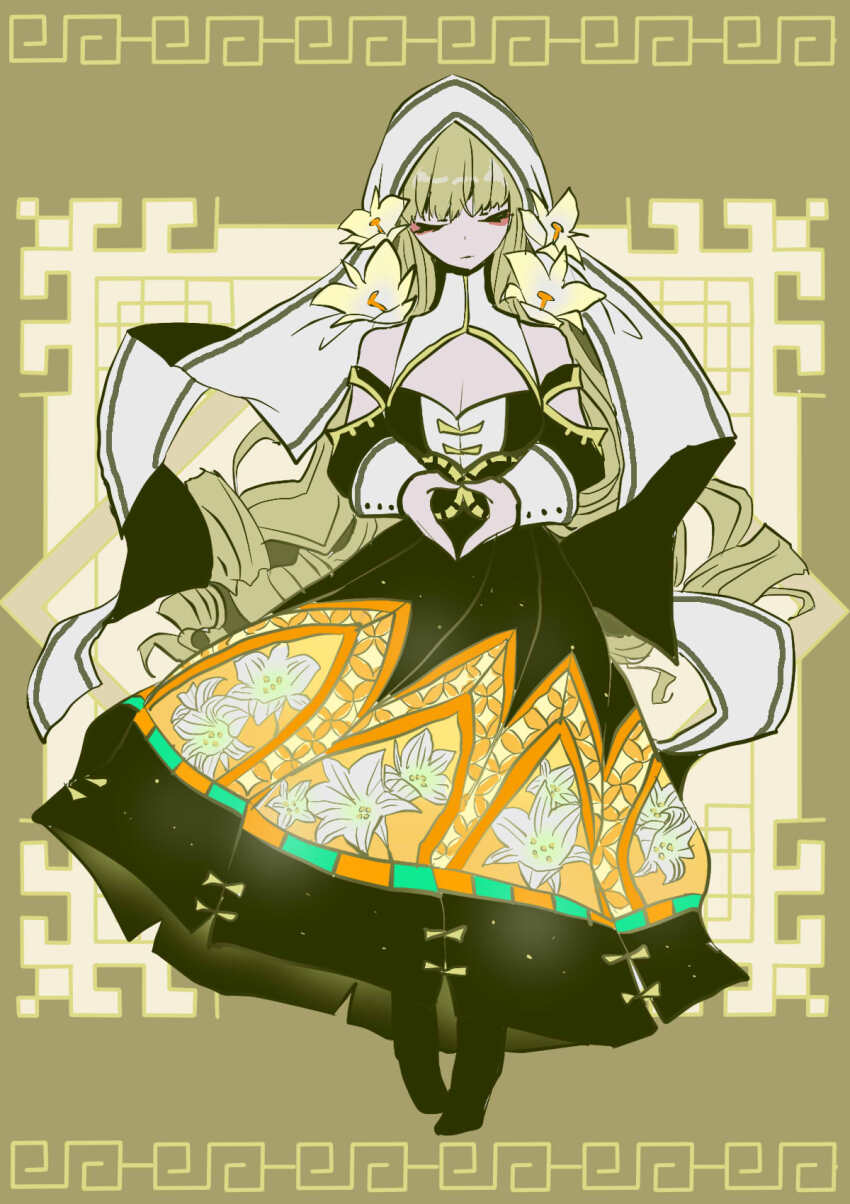 1girl, angelica_(brown_dust), black_dress, black_footwear, breasts, brown_dust_(series), brown_dust_2, chinese_clothes, cleavage, cleavage_cutout, closed_eyes, closed_mouth, clothing_cutout, curly_hair, dress, floral_print, floral_print_dress, flower, full_body, glowing_clothes, green_background, green_hair, habit, hair_flower, hair_ornament, highres, large_breasts, long_hair, meander, meandros, multicolored_dress, nun, nun_headdress, orange_dress, own_hands_together, praying, print_dress, shoulder_cutout, solo, tn_scallion, very_long_hair, white_dress, yellow_flower