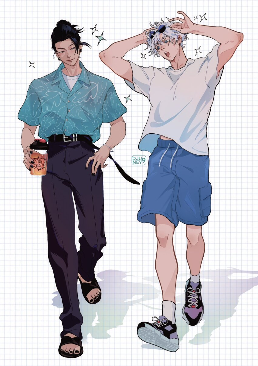 2boys, alternate_costume, ankle_socks, arms_up, artist_name, belt, black_belt, black_footwear, black_hair, black_nails, black_pants, blue_eyes, blue_shirt, blue_shorts, blush, bottle, bracelet, brown_eyes, cargo_shorts, casual, collared_shirt, djuney9, suit_pants, east_asian, eyewear_on_head, fingernails, full_body, geto_suguru, gojo_satoru, graph_paper, hair_bun, hands_on_own_head, hawaiian_shirt, highres, holding, holding_bottle, jewelry, jujutsu_kaisen, looking_at_another, loose_hair_strand, male_focus, messy_hair, midriff_peek, multiple_boys, overshirt, pants, round_eyewear, sandals, shadow, shaker_bottle, shirt, shirt_tucked_in, shoes, short_hair, short_sleeves, shorts, sideways_glance, silver_bracelet, simple_background, single_hair_bun, sneakers, socks, sparkle, sunglasses, t-shirt, toenails, undershirt, walking, white_background, white_hair, white_shirt, white_socks