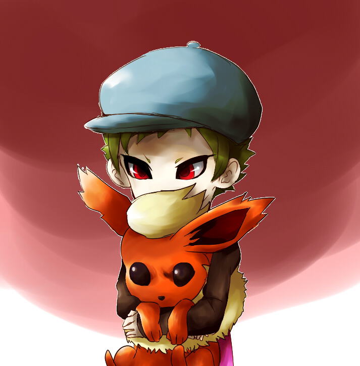 1boy, child, crossover, flareon, gen_1_pokemon, green_hair, gurekoguriko, hat