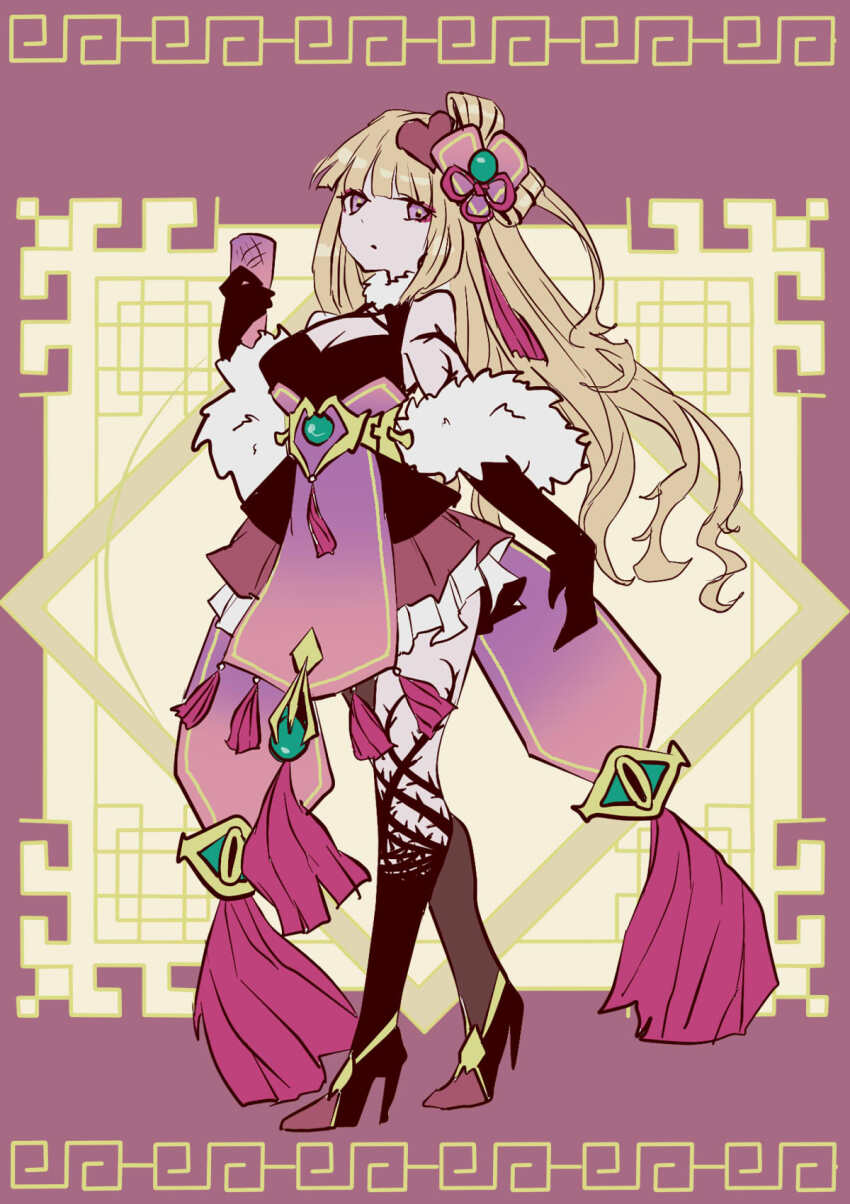 1girl, armpit_crease, black_dress, black_footwear, black_gloves, black_thighhighs, blonde_hair, breasts