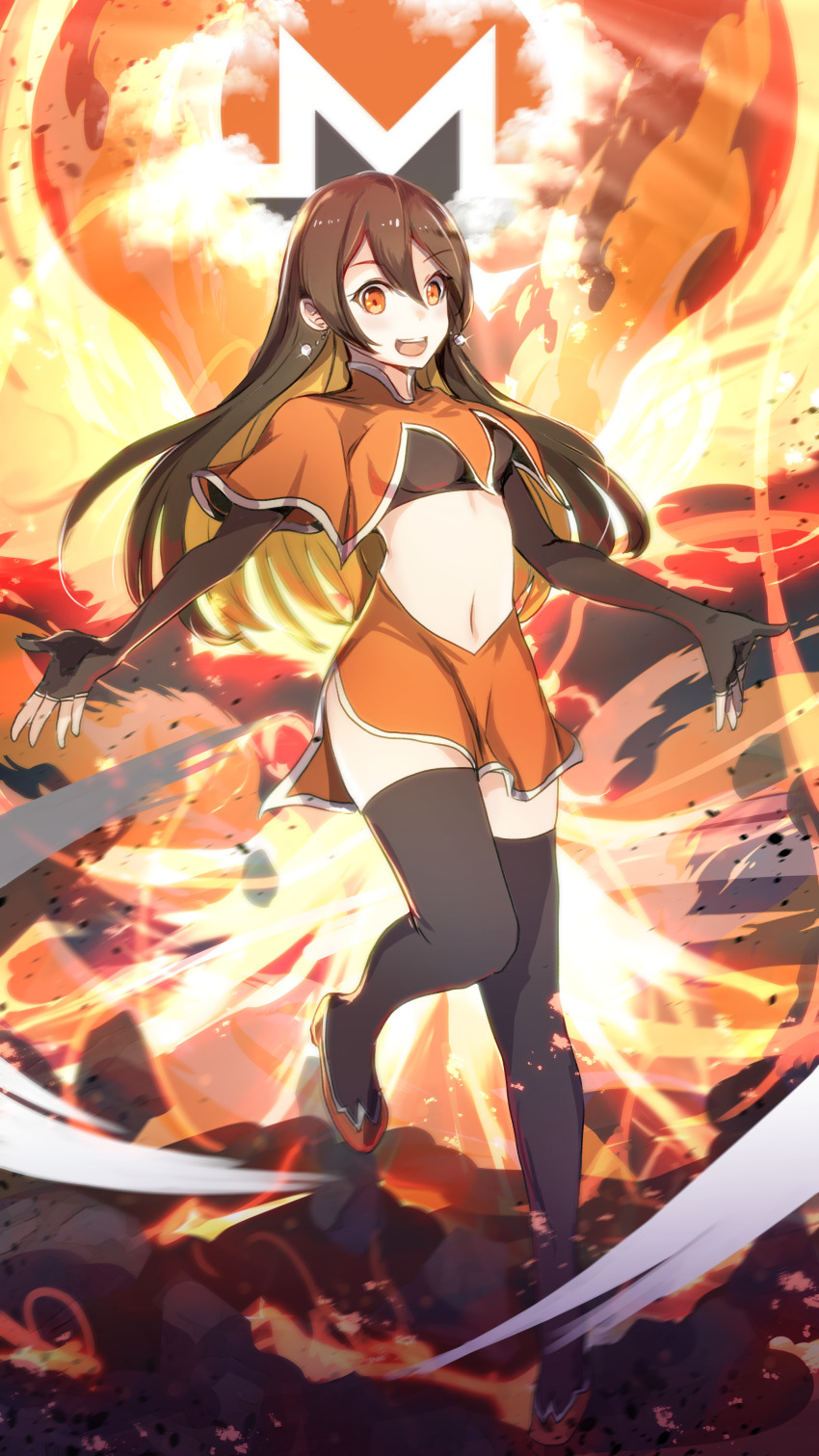 1girl, absurdres, breasts, brown_gloves, brown_hair, brown_thighhighs, capelet, colored_inner_hair