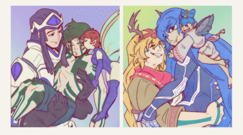 2girls, 4boys, amanozako_(megami_tensei), antlers, arm_tattoo, black_hair, blonde_hair, blue_hair